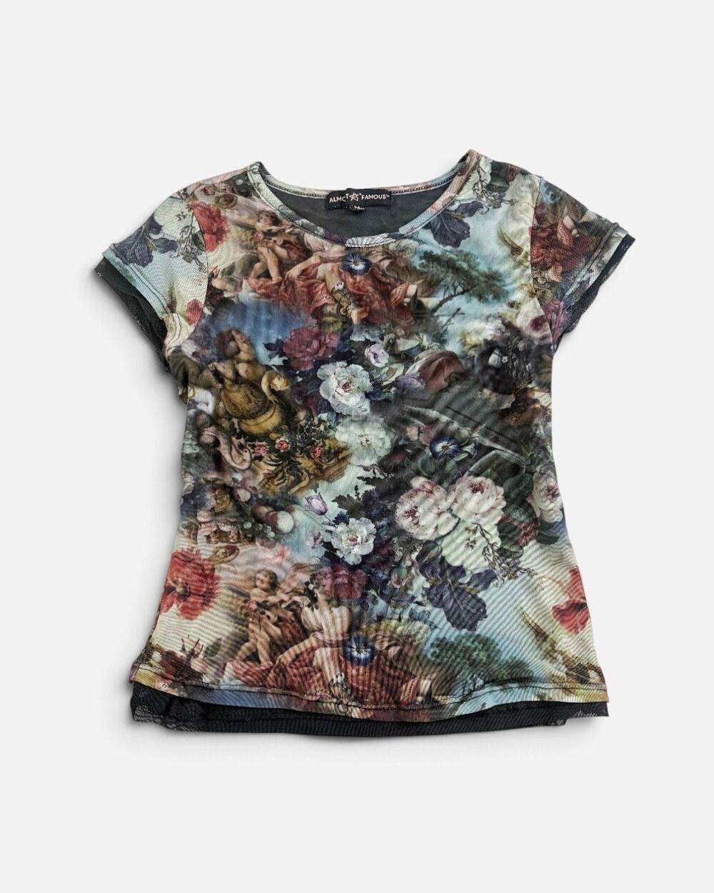 Y2K Almost Famous Renaissance Cherub Angel Print Mesh Tee Sz M